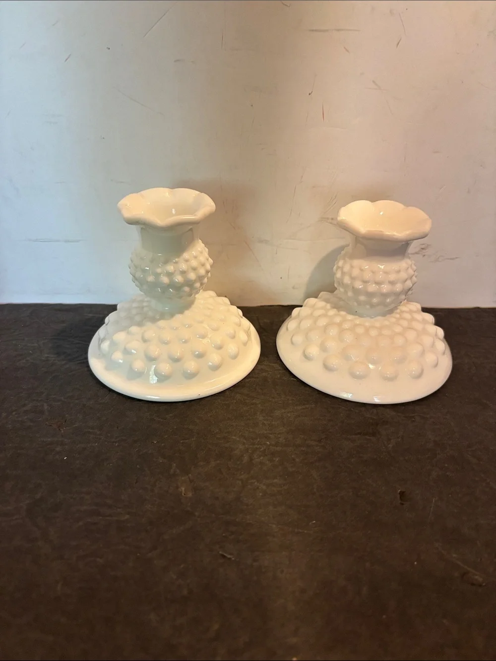 Fenton 3974 Dome Footed White Hobnail 3” Glass Candle Holders - Pair